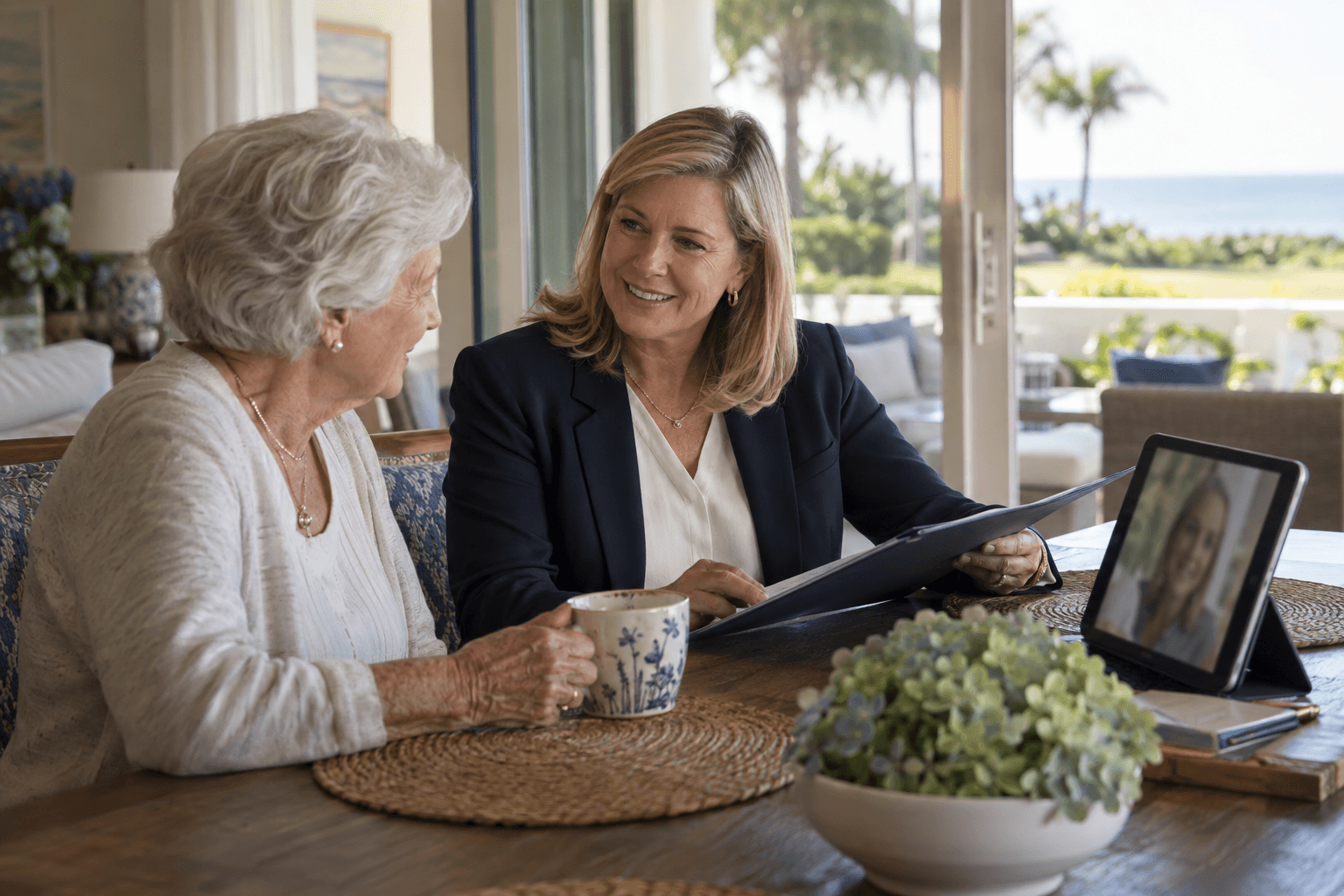 A care manager meets with an elderly woman while her daughter joins by video call