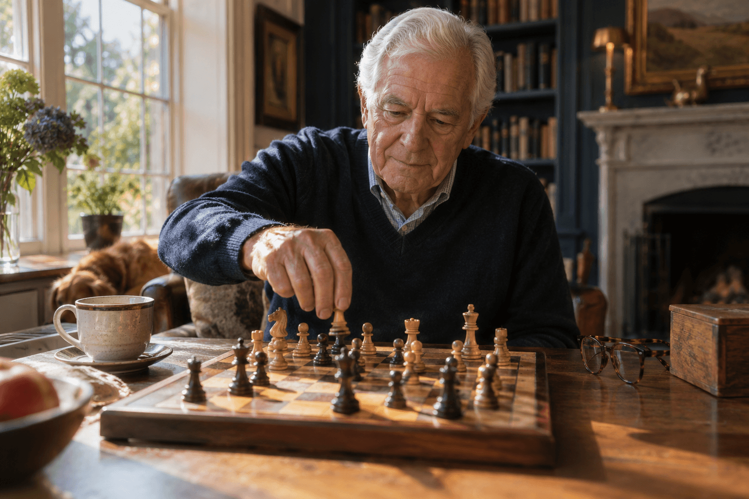 An older man moves a piece on a chessboard beside a window