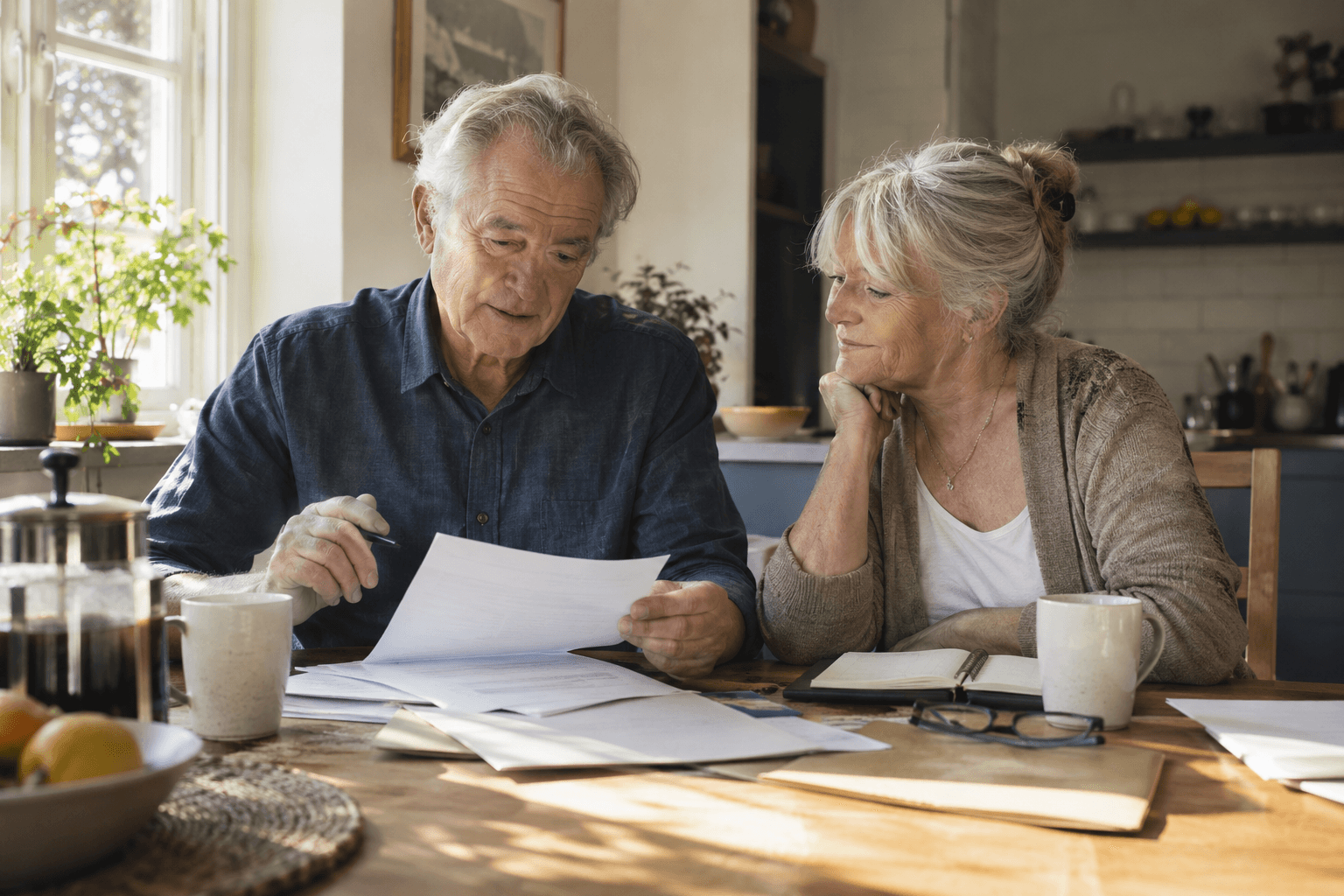A retired couple reviews household paperwork at their kitchen table
