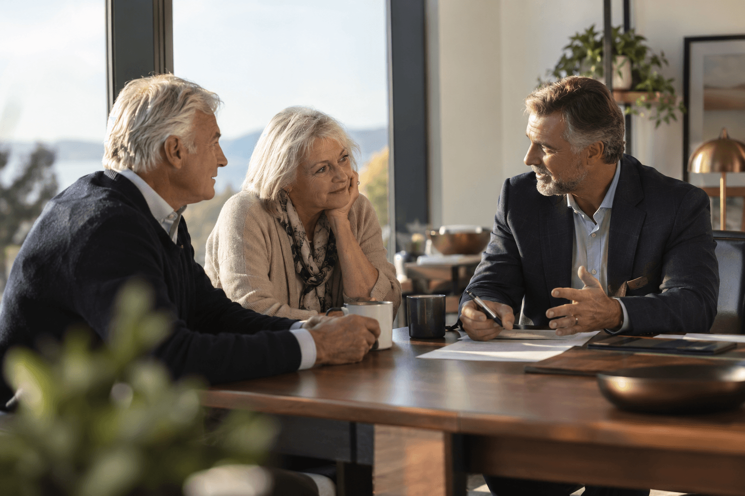 An older couple talks with a financial advisor across a table