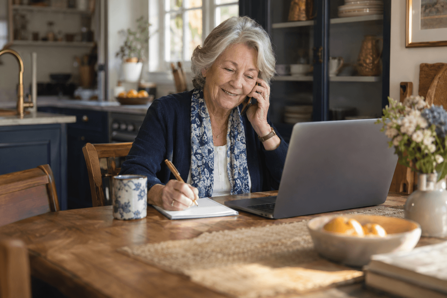 A woman takes notes during a phone call at her kitchen table