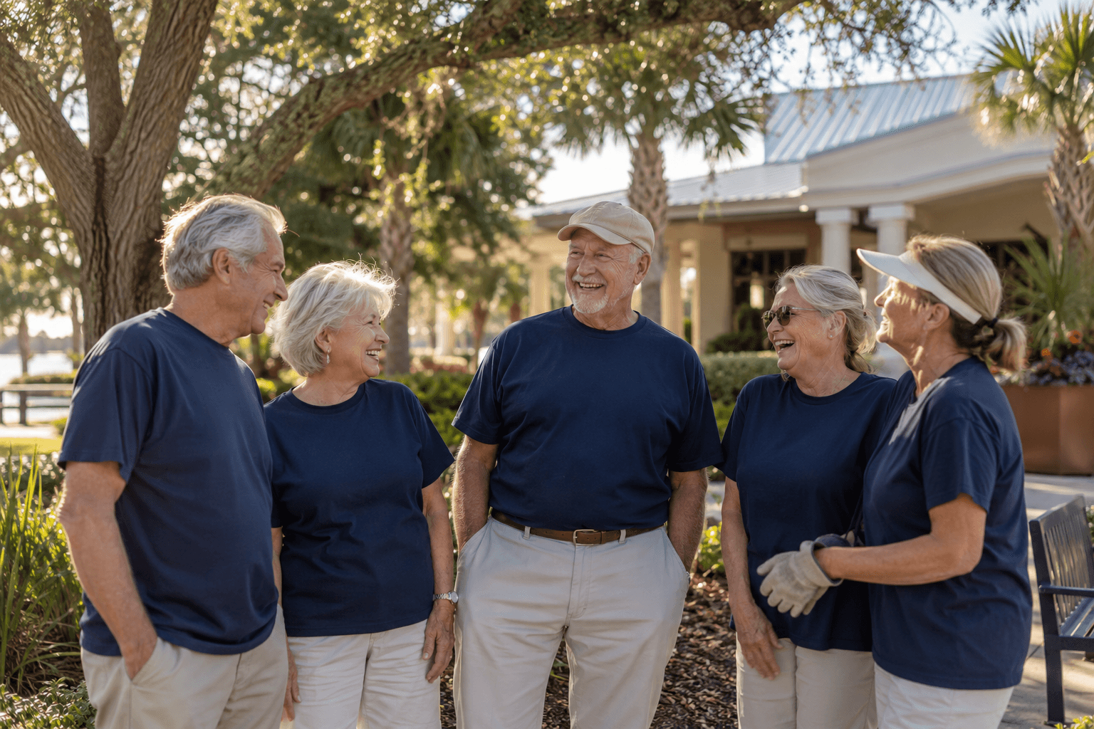 Senior volunteers in matching shirts chat outside a community center