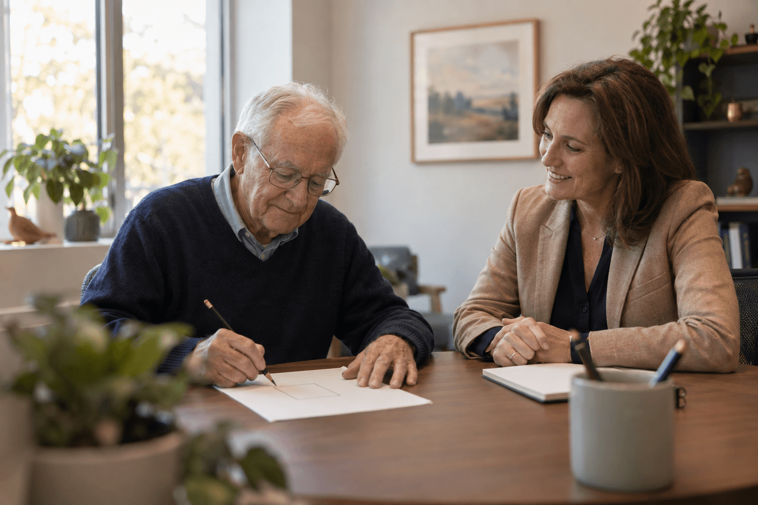 An older man sketches a shape during a memory exercise while a neuropsychologist looks on