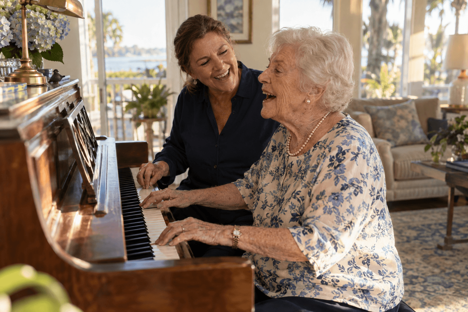 A caregiver sings along as an elderly woman plays the piano in a sunlit living room