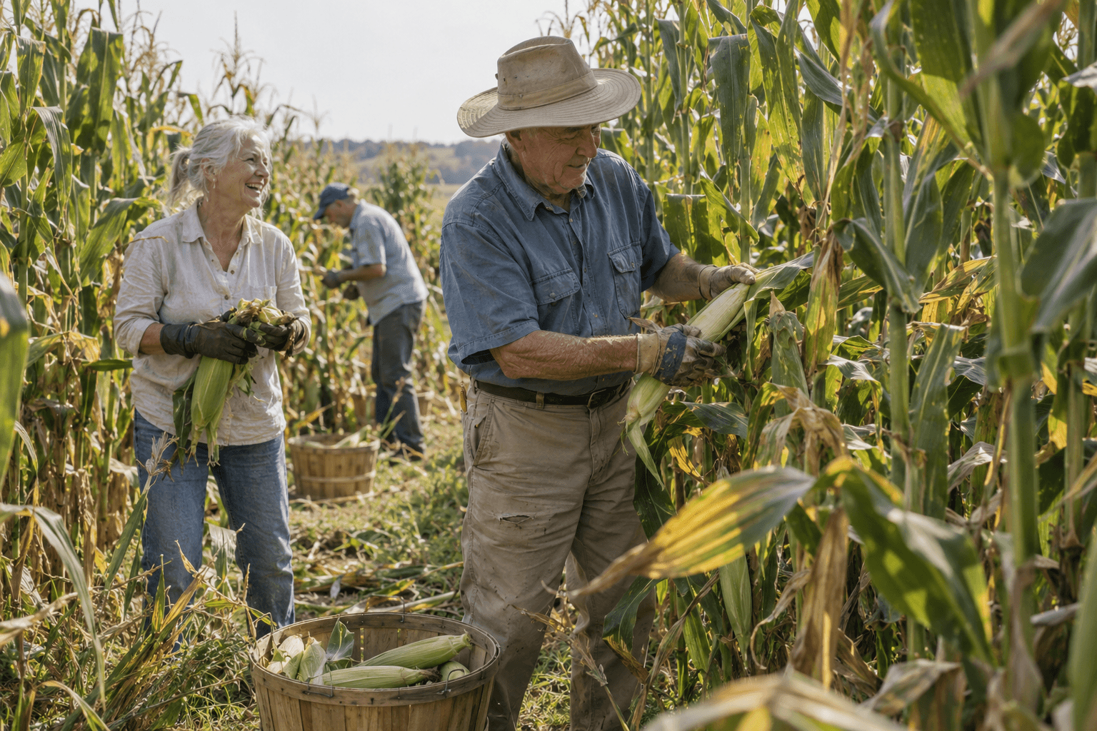 Volunteers glean sweet corn in a farm field