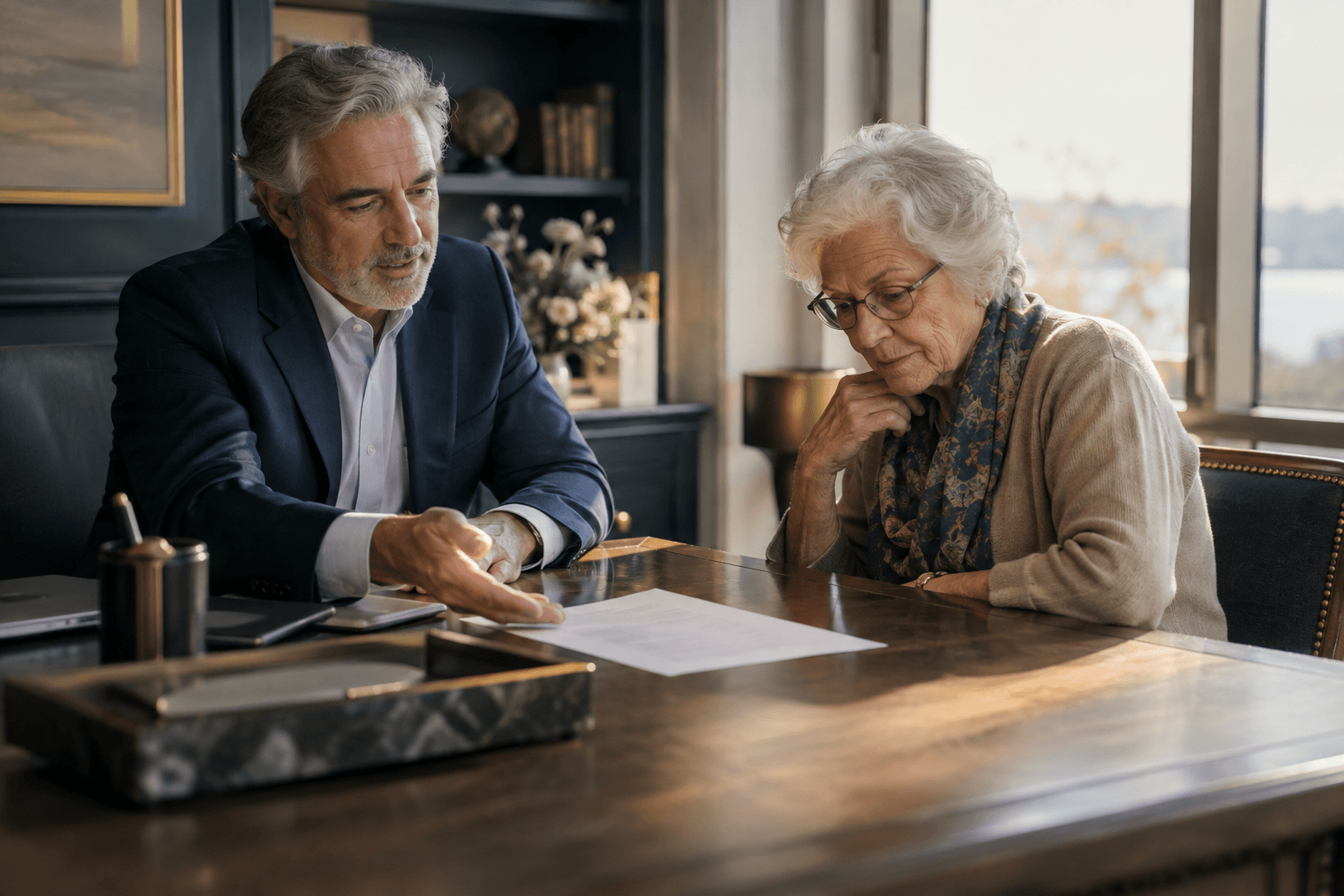 A financial advisor walks a woman through a one-page document